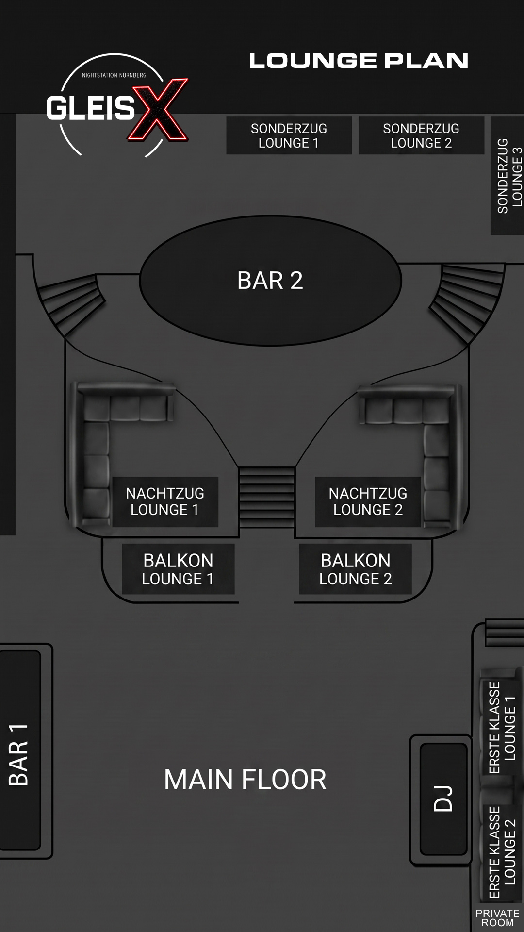 Gleis X Loungeplan – Sonderzug, Nachtzug, Balkon und Erste Klasse Lounges sowie Private Room